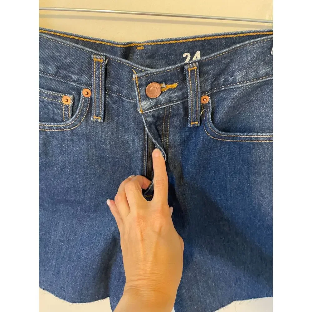 J. Crew High Rise Long Cut Off Denim Jean Dark Blue Wash Size 26 NEW